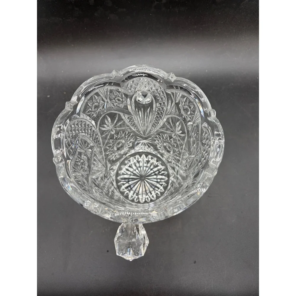 Vintage Cut Crystal Ice Bucket Pinwheel Starburst Scalloped Rim Glass Handles